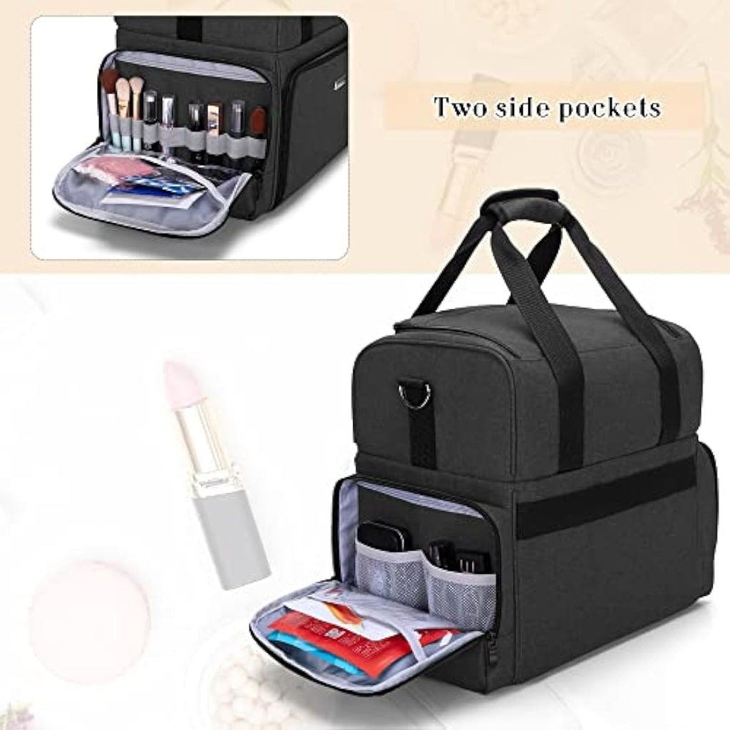 BAFASO 2-Layer Travel Makeup Bag with Removable Pouches - Black Nylon