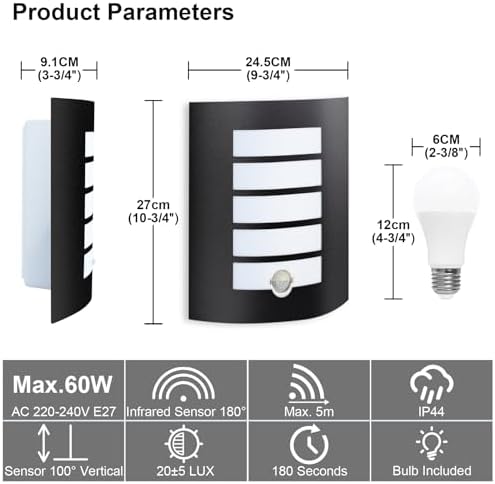 Wondlumi Outdoor Wall Light | PIR Motion Sensor IP44 Waterproof Black