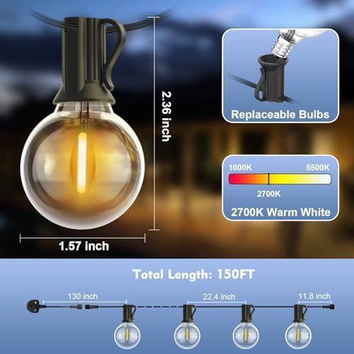Yuusei 150Ft LED Outdoor String Lights – Shatterproof G40 Garden Festoon