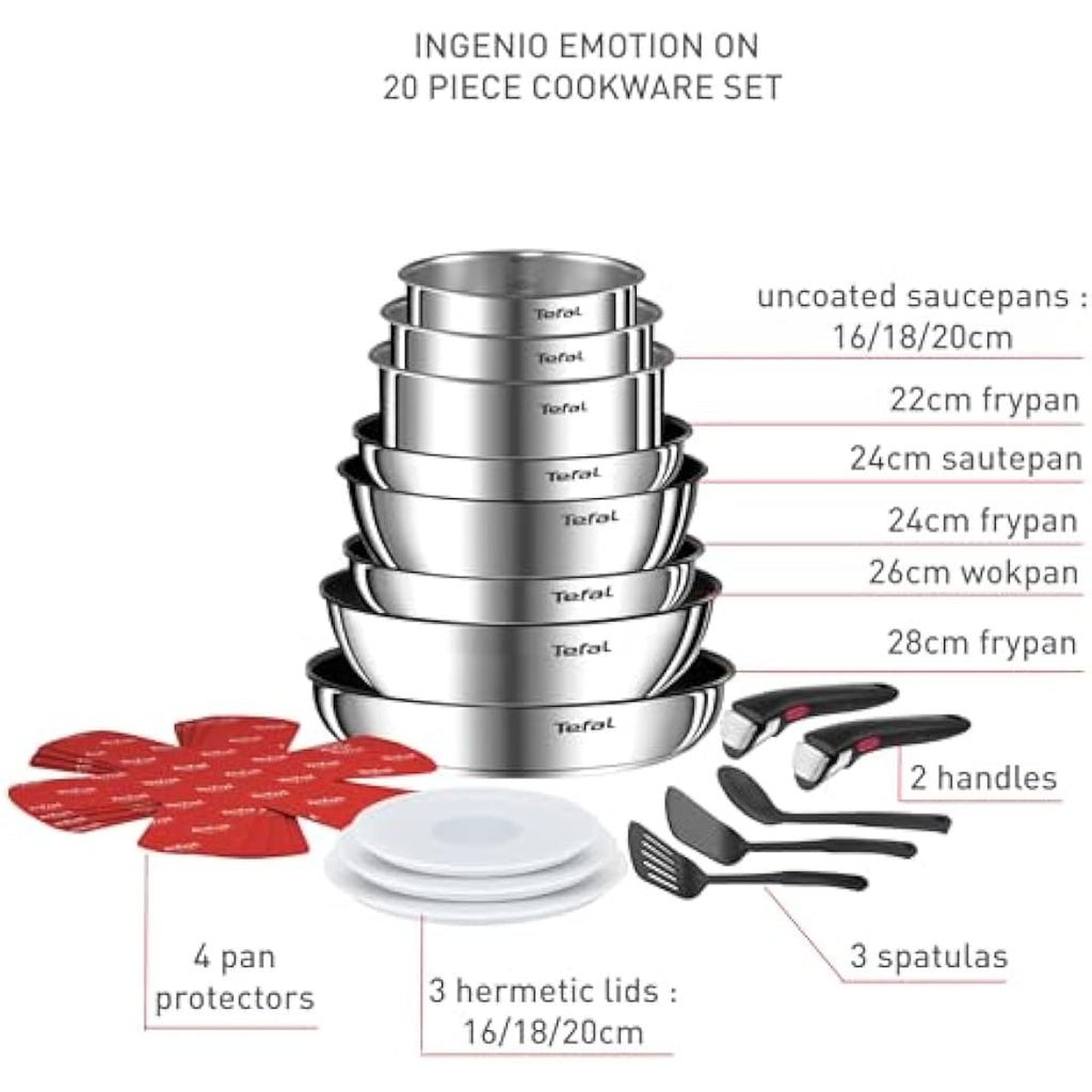 Tefal Ingenio 20-Piece Stackable Cookware Set | Stainless Steel Pans