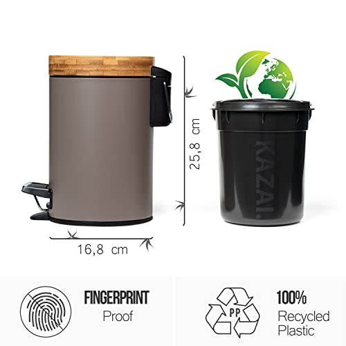 Kazai 3L Bathroom Bin | Soft Close Pedal Bin with Bamboo Lid – Taupe