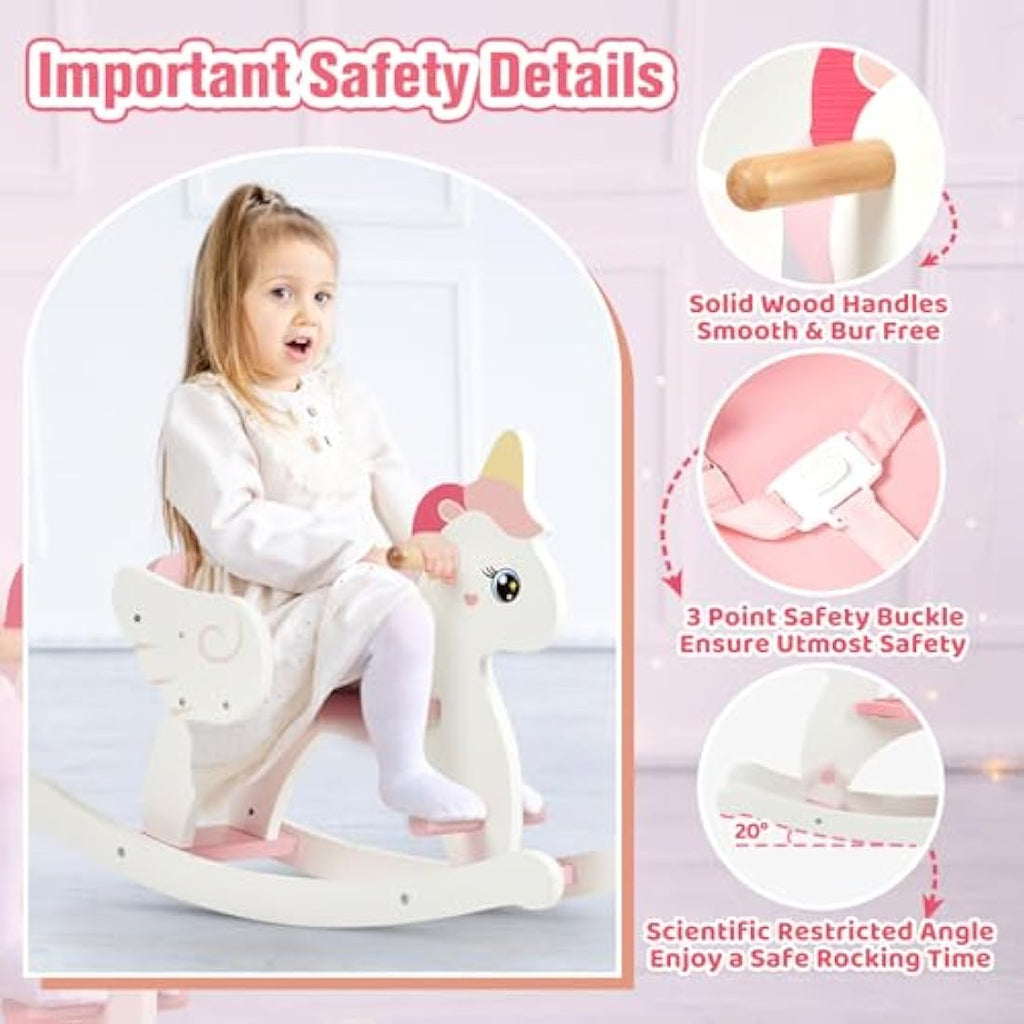FUNLIO Wooden Unicorn Rocking Horse with Safety Belt for Ages 0.5-3 - Pink