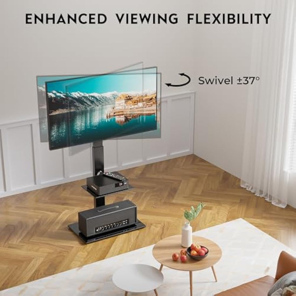 BONTEC Universal Floor TV Stand | 30-70 inch Swivel Mount with Glass Shelves