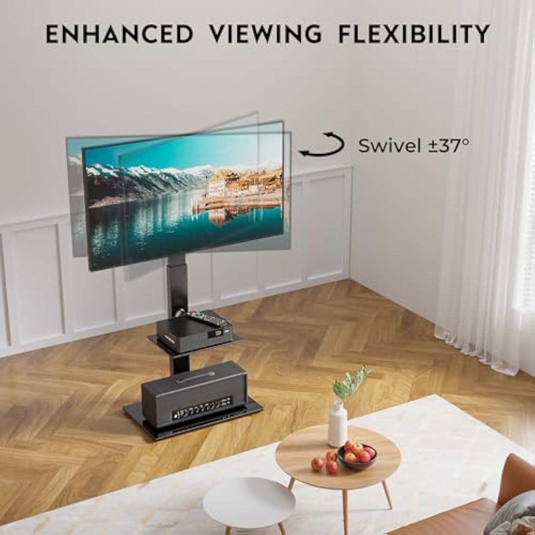 BONTEC Universal Floor TV Stand | 30-70 inch Swivel Mount with Glass Shelves