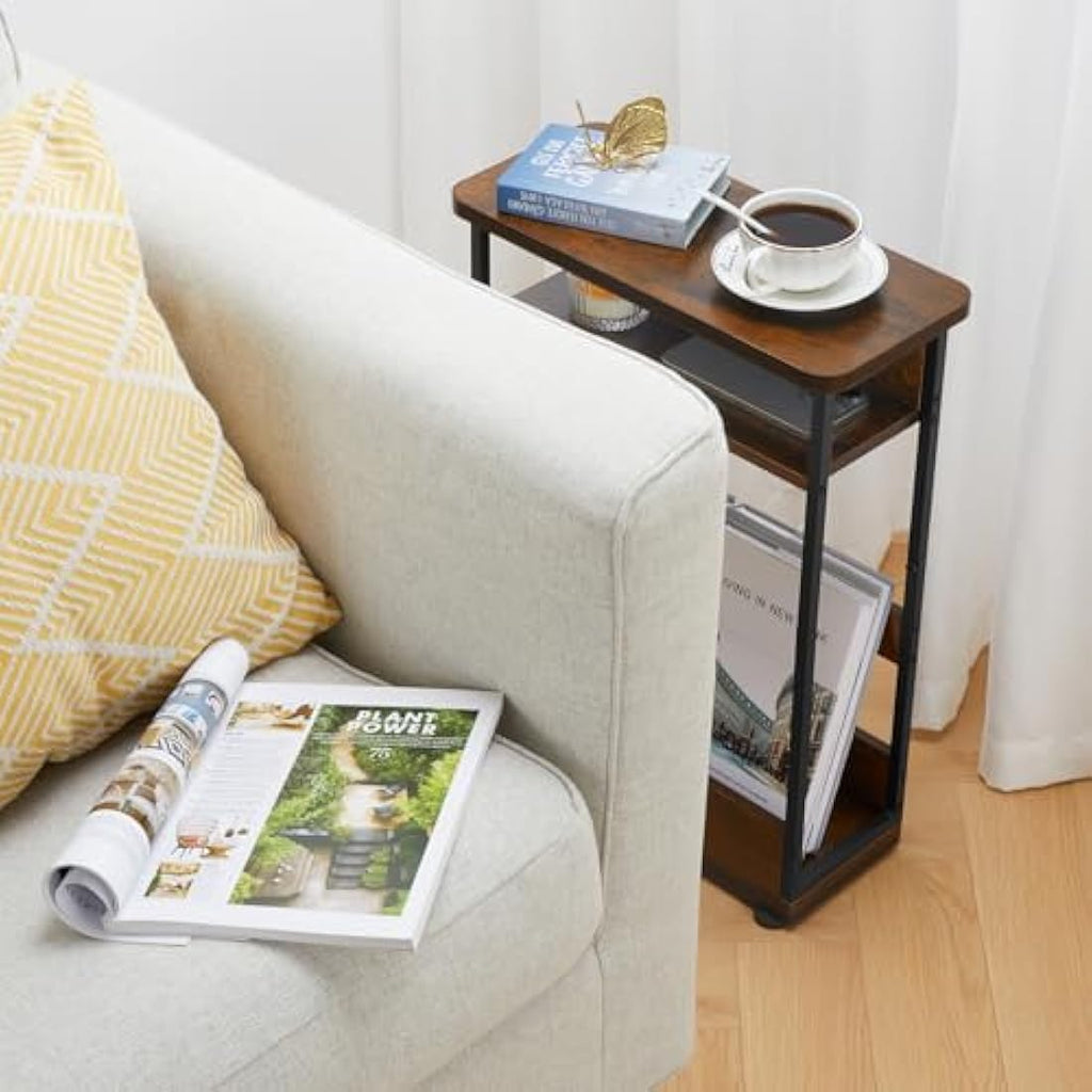 Jolof Store Narrow Side Table – Industrial Nightstand with Magazine Rack