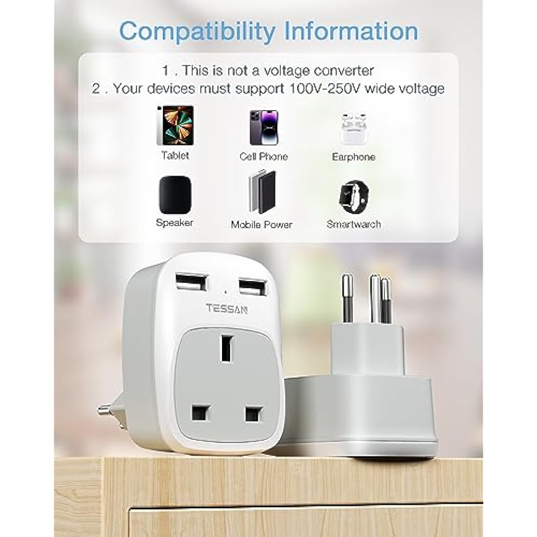 TESSAN UK to Switzerland Plug Adapter 2 Pack | Type J Travel USB Charger
