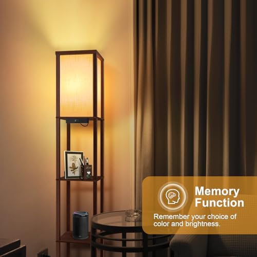 OUTON Shelf Floor Lamp with USB Ports | 3-Tier Wood Standing Lamp