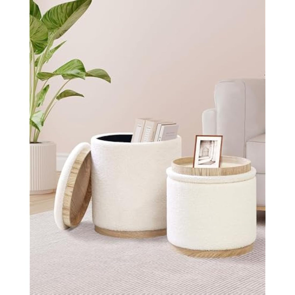 Bonlife Round White Boucle Storage Ottoman Set of 2 – Vanity Stool