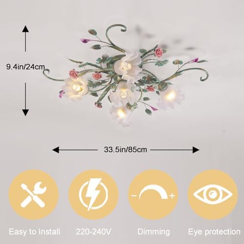 Vintage Floral Ceiling Light – Pink Ceramic Rose Chandelier