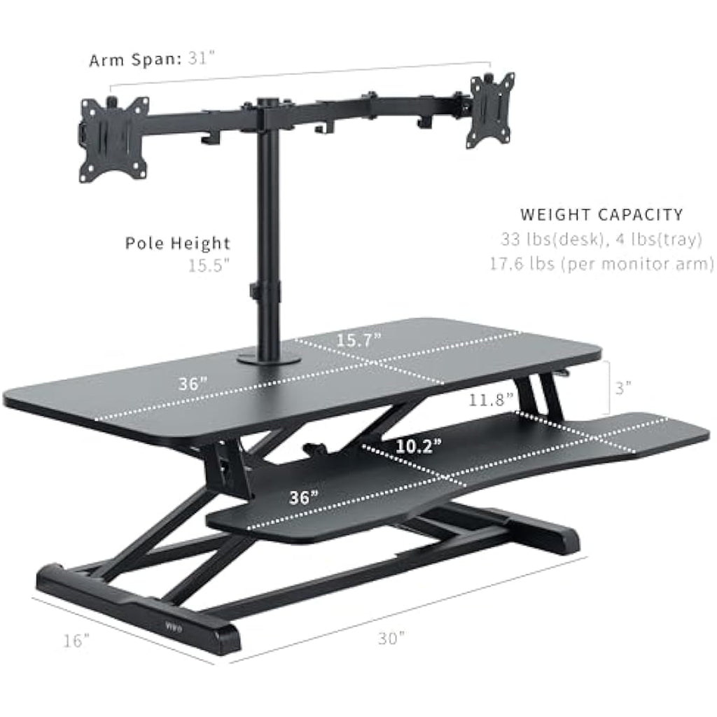 VIVO 91cm Standing Desk Converter | Dual Monitor Mount Riser - Black