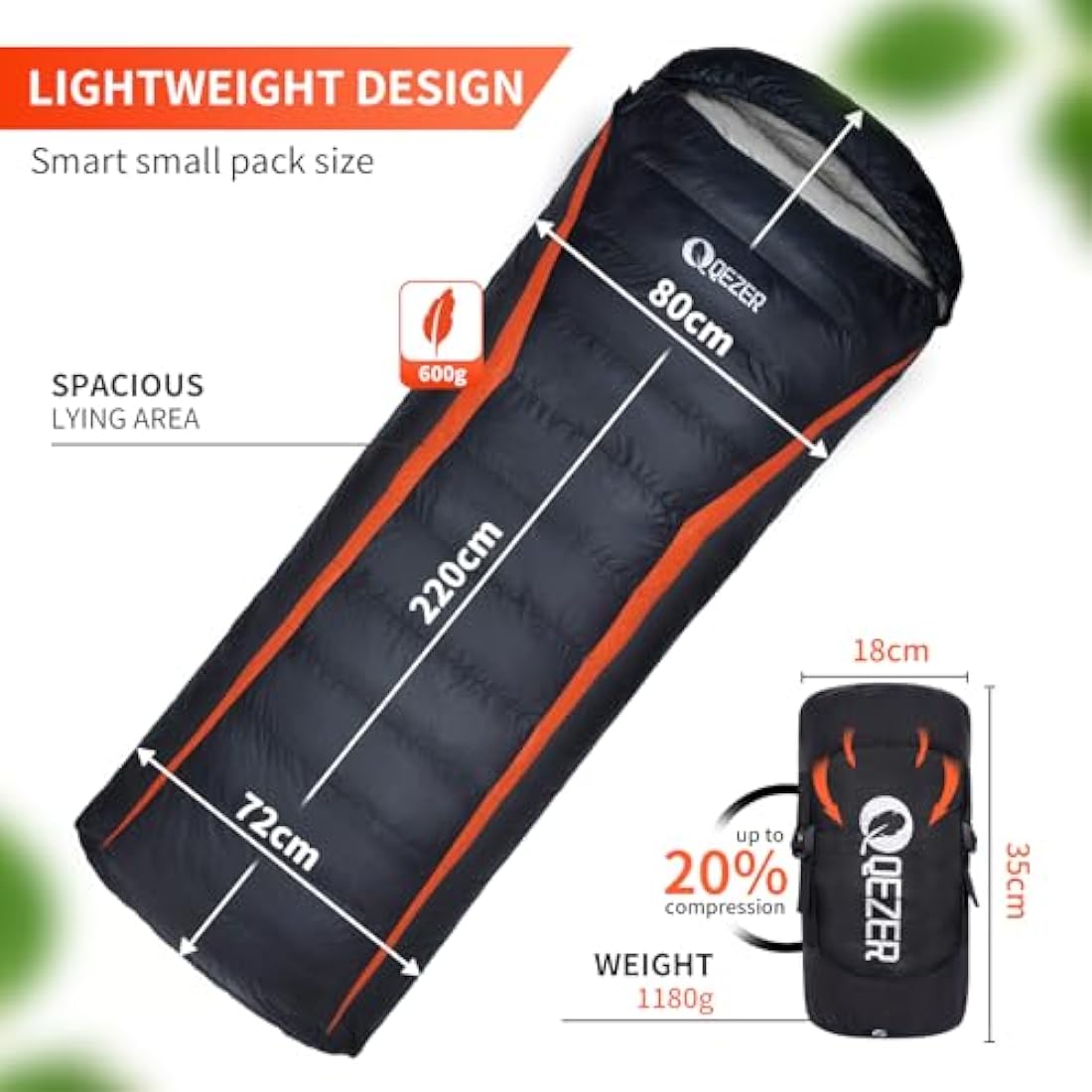 QEZER Down Sleeping Bag | Lightweight 4-Season Rectangular Nylon Bag