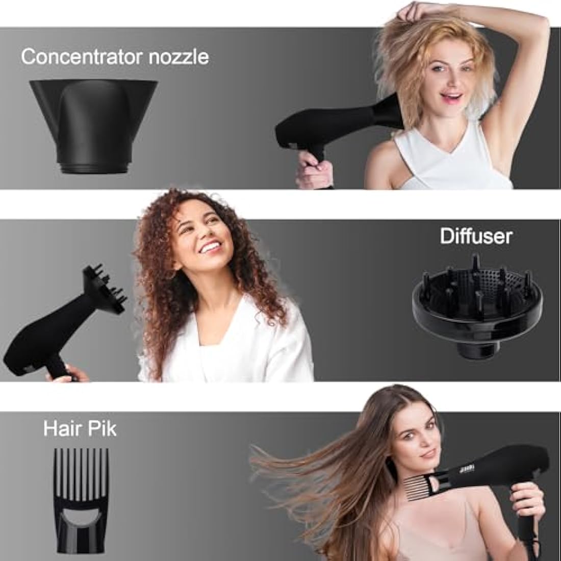 JINRI 2400W Professional Ionic Hair Dryer with Diffuser and Concentrator