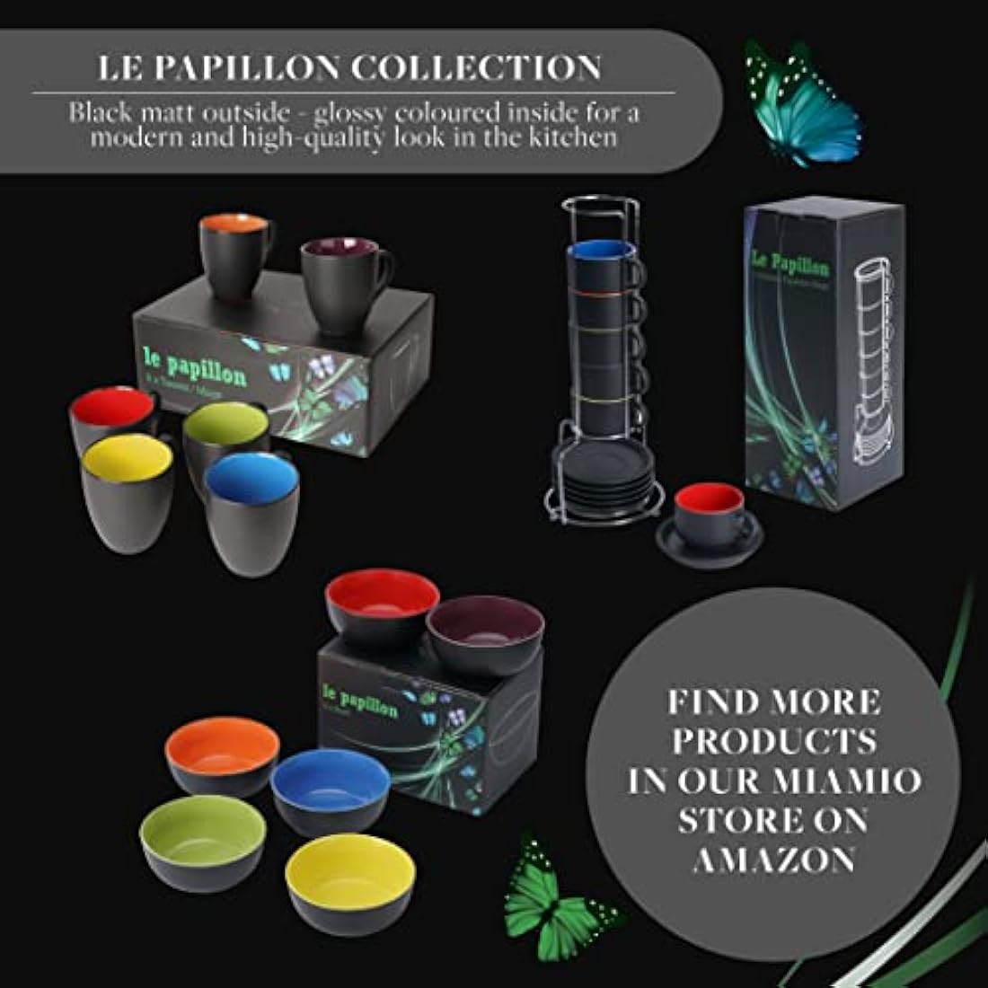MIAMIO Stoneware Coffee Mug Set - 6 Piece 350ml Matte Black Cups