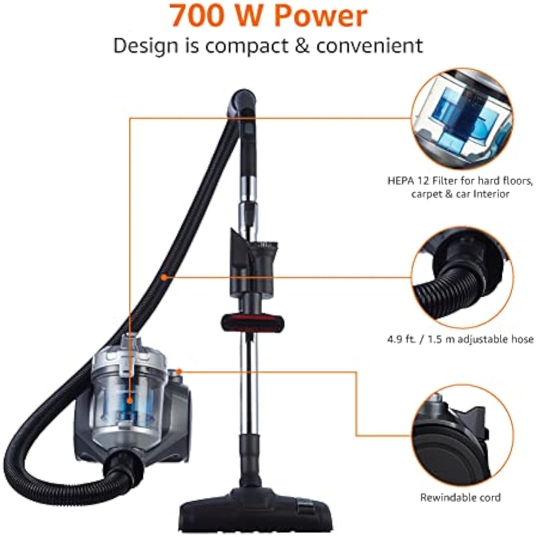 Amazon Basics Bagless Cylinder Vacuum Cleaner | 700W HEPA Filter - Black