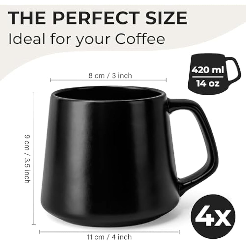 MIAMIO Ceramic Coffee Mugs Set of 4 – 420ml Large Stoneware Cups, Black