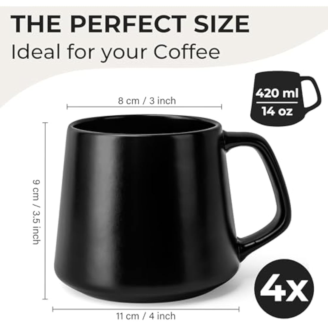 MIAMIO Ceramic Coffee Mugs Set of 4 – 420ml Large Stoneware Cups, Black