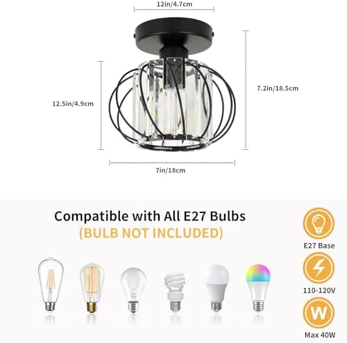 FORCOSO 2-Pack Black Crystal Ceiling Light | E27 Semi Flush Chandelier