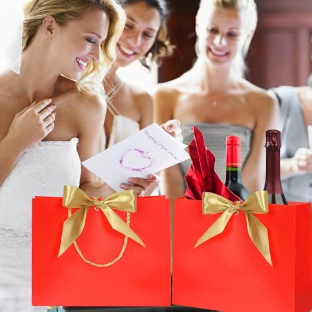 Jolof Store Luxury Red Paper Gift Bags with Gold Ribbon - 10 Pack