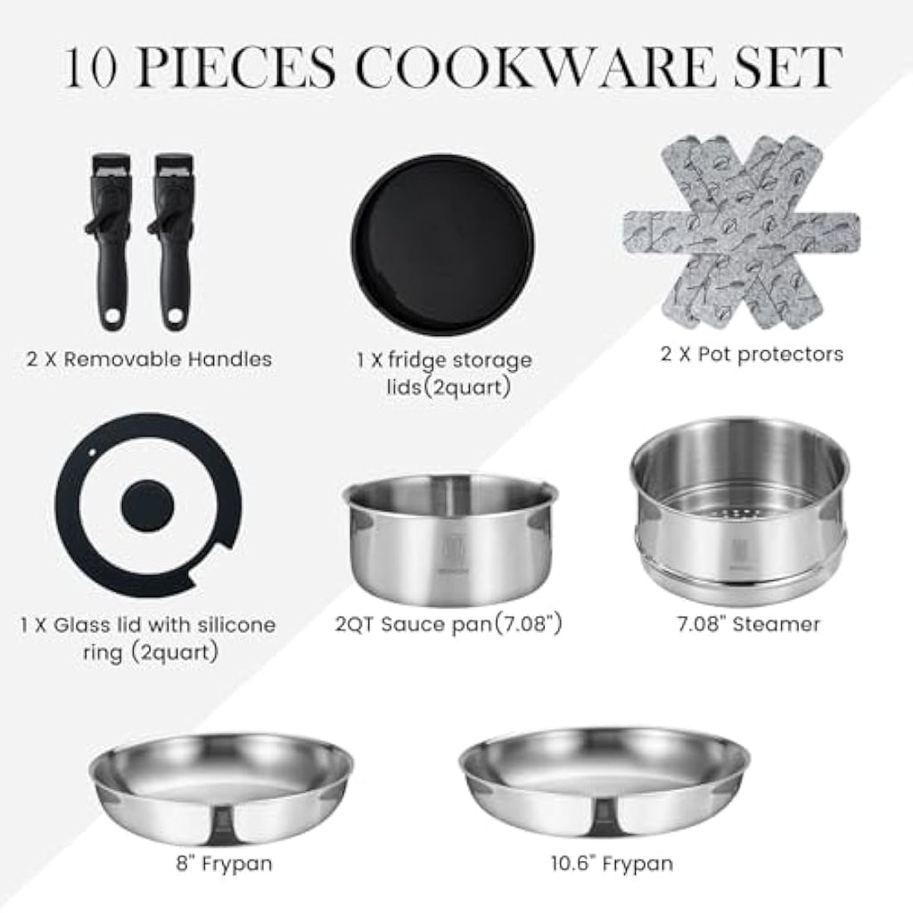 ROYDX 10-Piece 18/10 Stainless Steel Cookware Set with Removable Handle