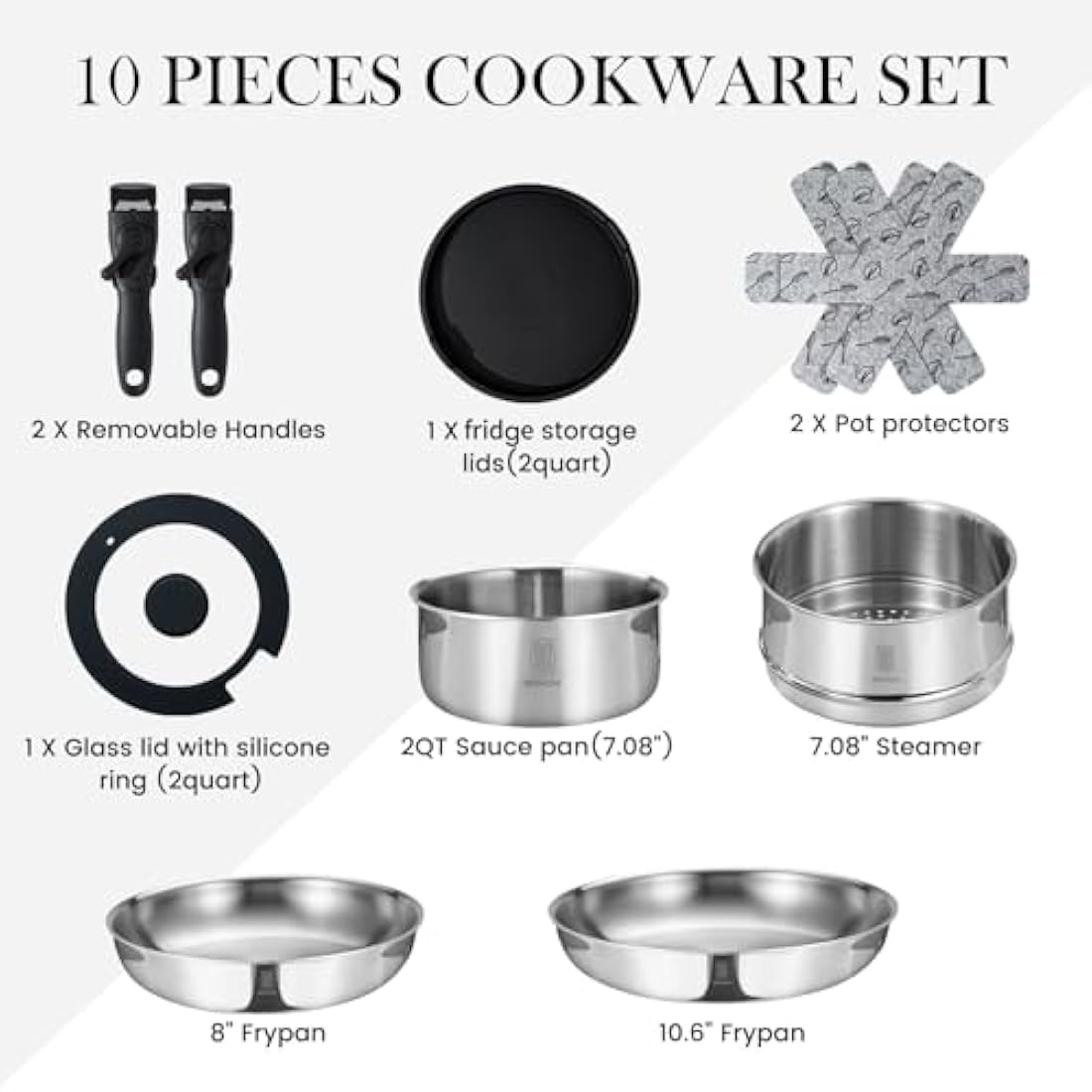 ROYDX 10-Piece 18/10 Stainless Steel Cookware Set with Removable Handle
