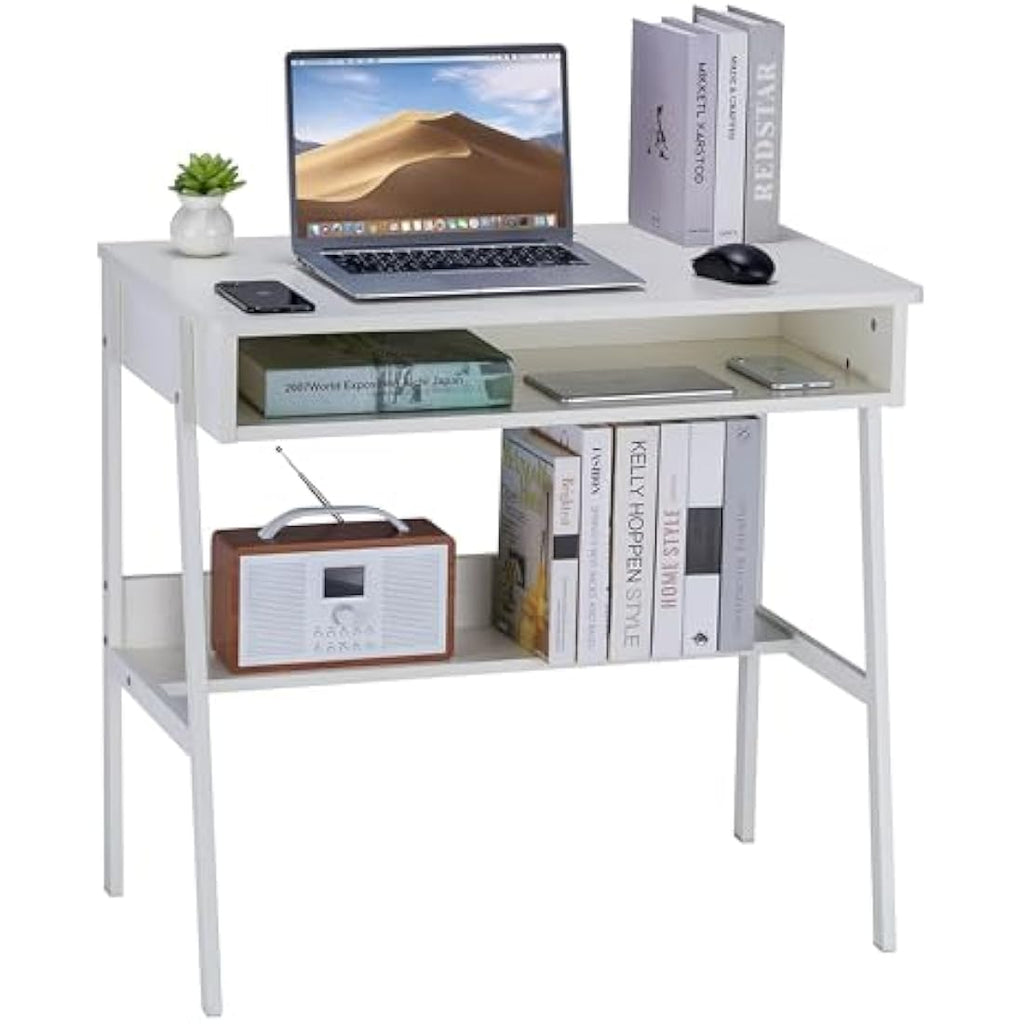80cm Small Computer Desk with Drawer and Storage Shelf - White