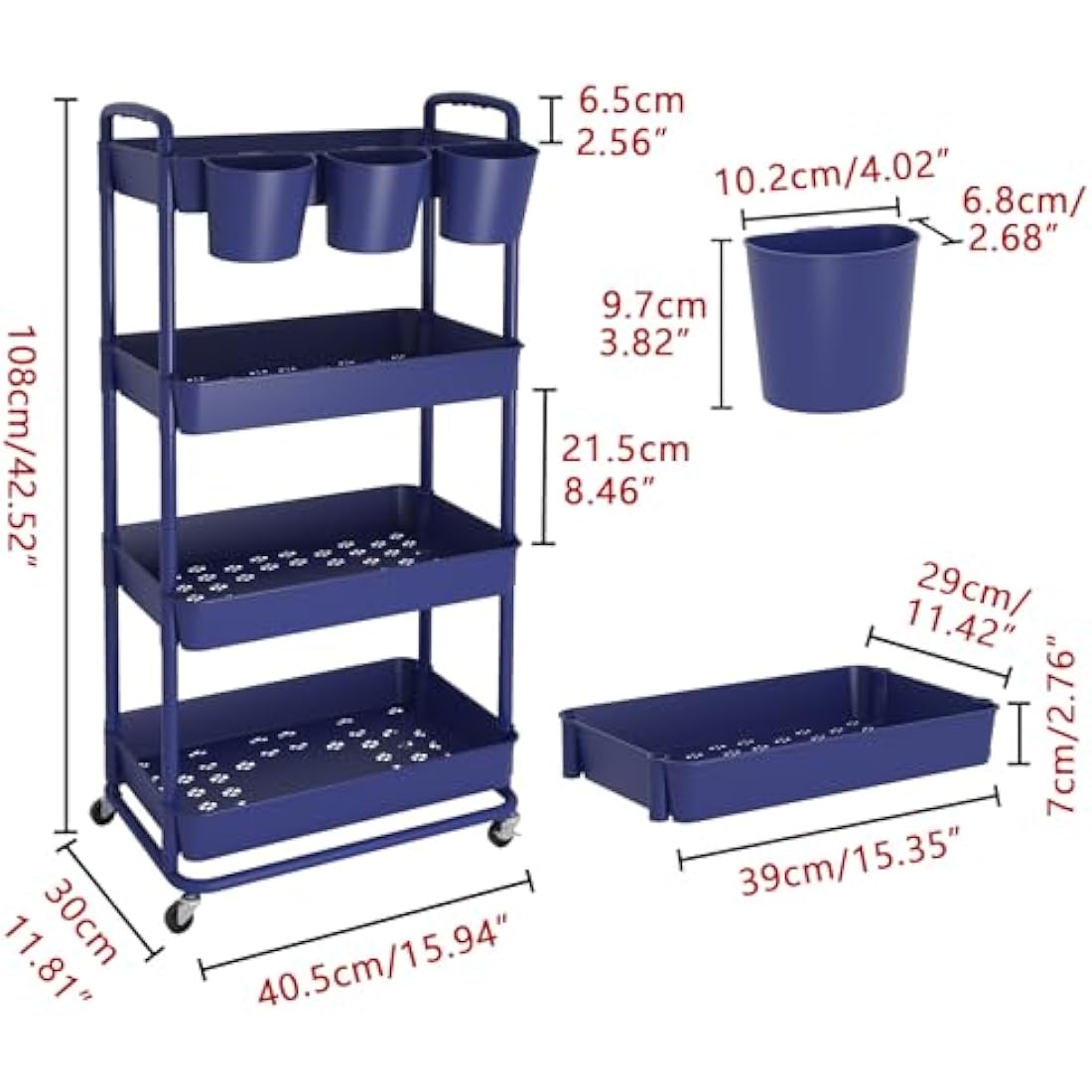 JIUYOTREE 4-Tier Rolling Utility Cart with Hanging Cups and Wheels - Blue