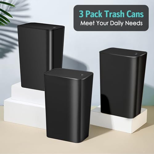 Kssvzz 3-Pack 10L Slim Bathroom Bins with Lid | Black Plastic Waste Bin