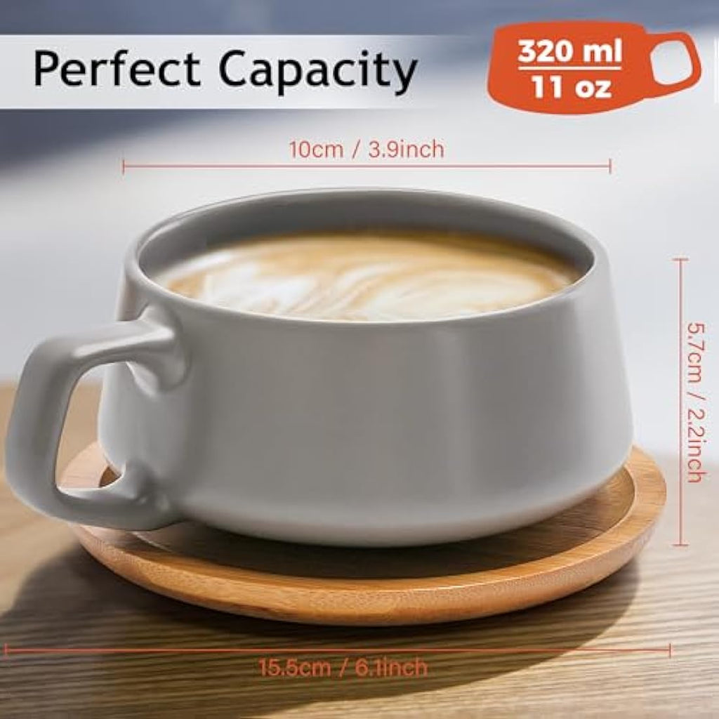 MIAMIO Ceramic Coffee Cup Set with Bamboo Saucers - 320ml Luxe Collection