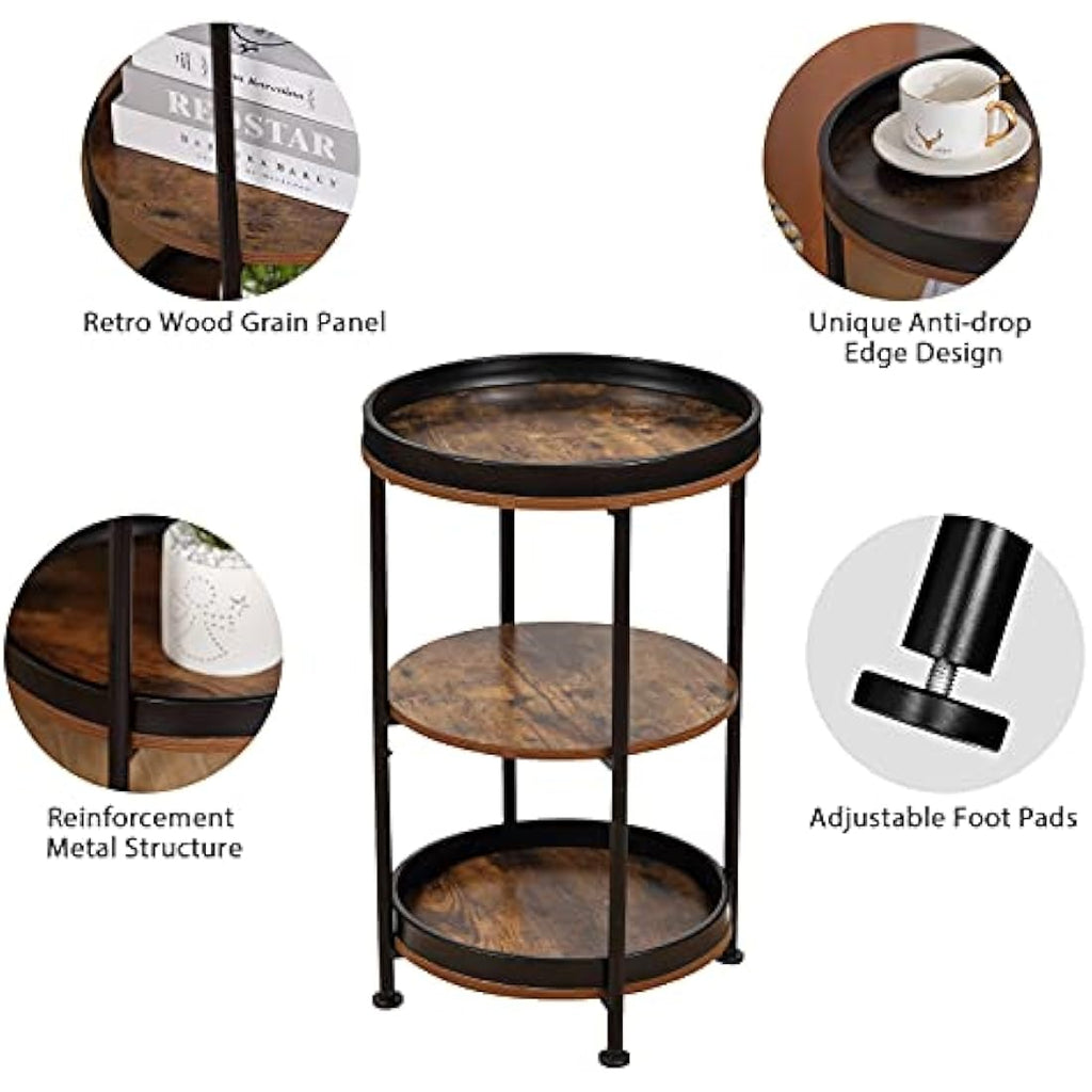 YEAKOO 3-Tier Round Side Table – Industrial Metal End Table, Rustic Brown