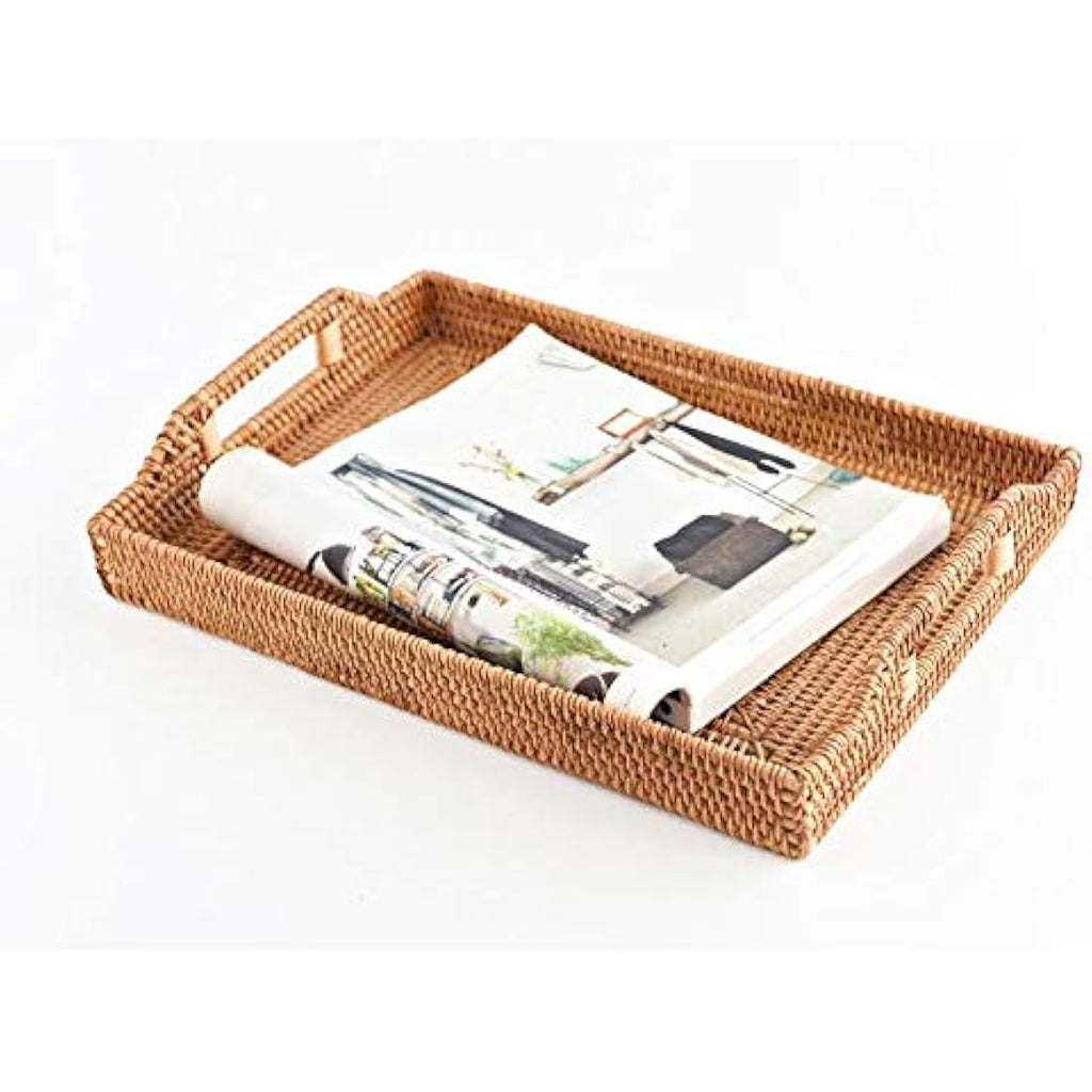 DOKOT Hand-Woven Rattan Serving Tray with Handles - Large 17-Inch
