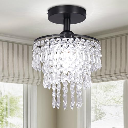 FRIXCHUR Mini Crystal Chandelier – 3-Tier Black Flush Mount Ceiling Light