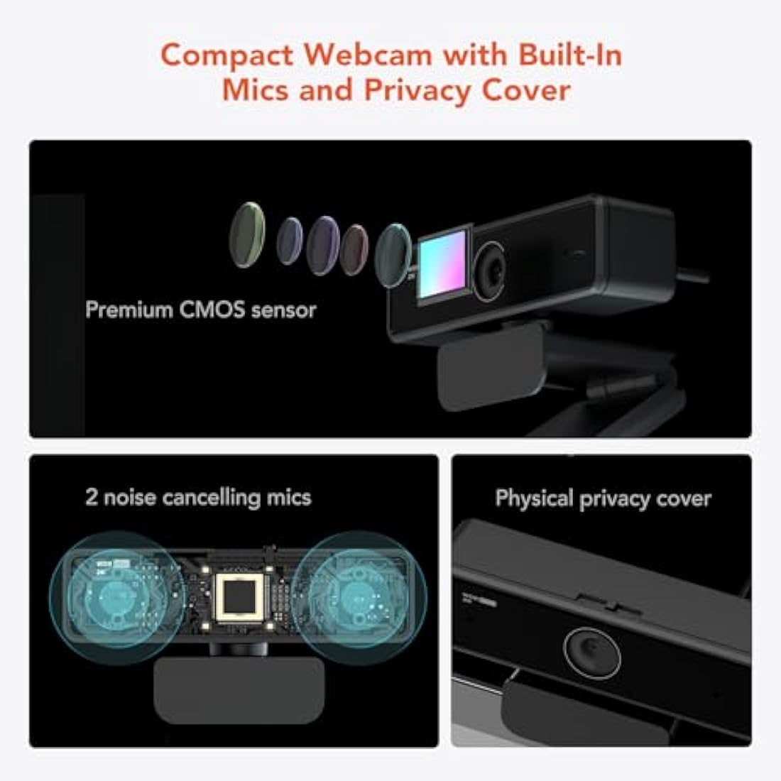 Nuroum V11 2K Webcam - 1080P 60fps Camera with Noise-Cancelling Mic