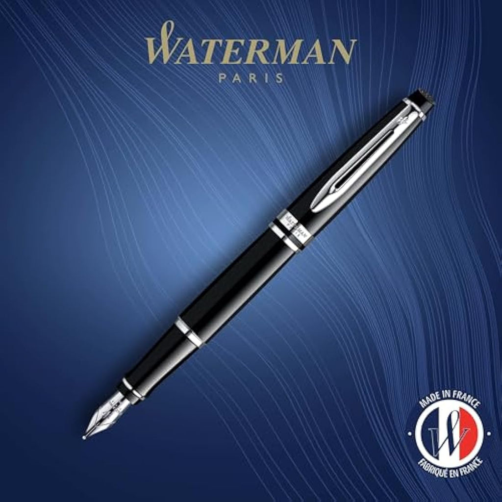 Waterman Expert Fountain Pen – Gloss Black with Chrome Trim, Medium Nib