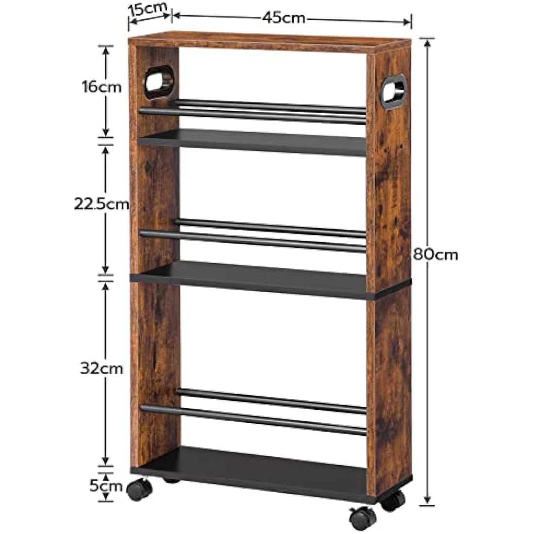 HOOBRO 4-Tier Slim Storage Trolley – Narrow Rolling Utility Cart, Rustic Brown