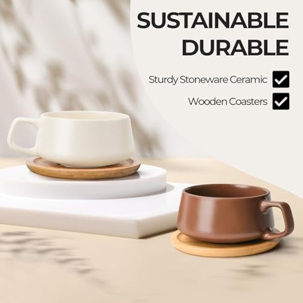 MIAMIO Ceramic Coffee Cup Set with Bamboo Saucers - 320ml Beige Pastel