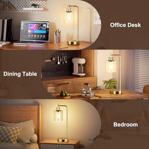 Aooshine Industrial Touch Bedside Lamps Set of 2 | Gold with USB C+A