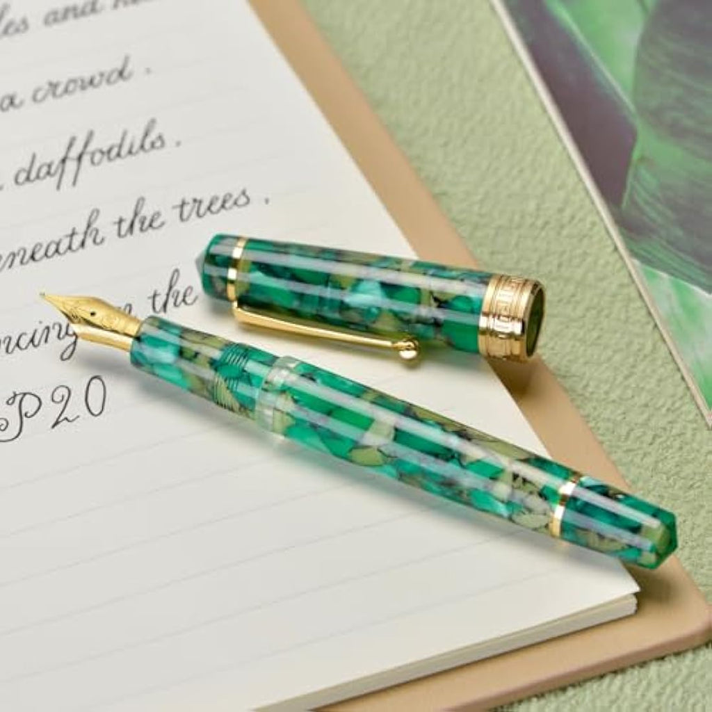 Asvine P20 Piston Fountain Pen - Green Marble Acrylic Medium Nib