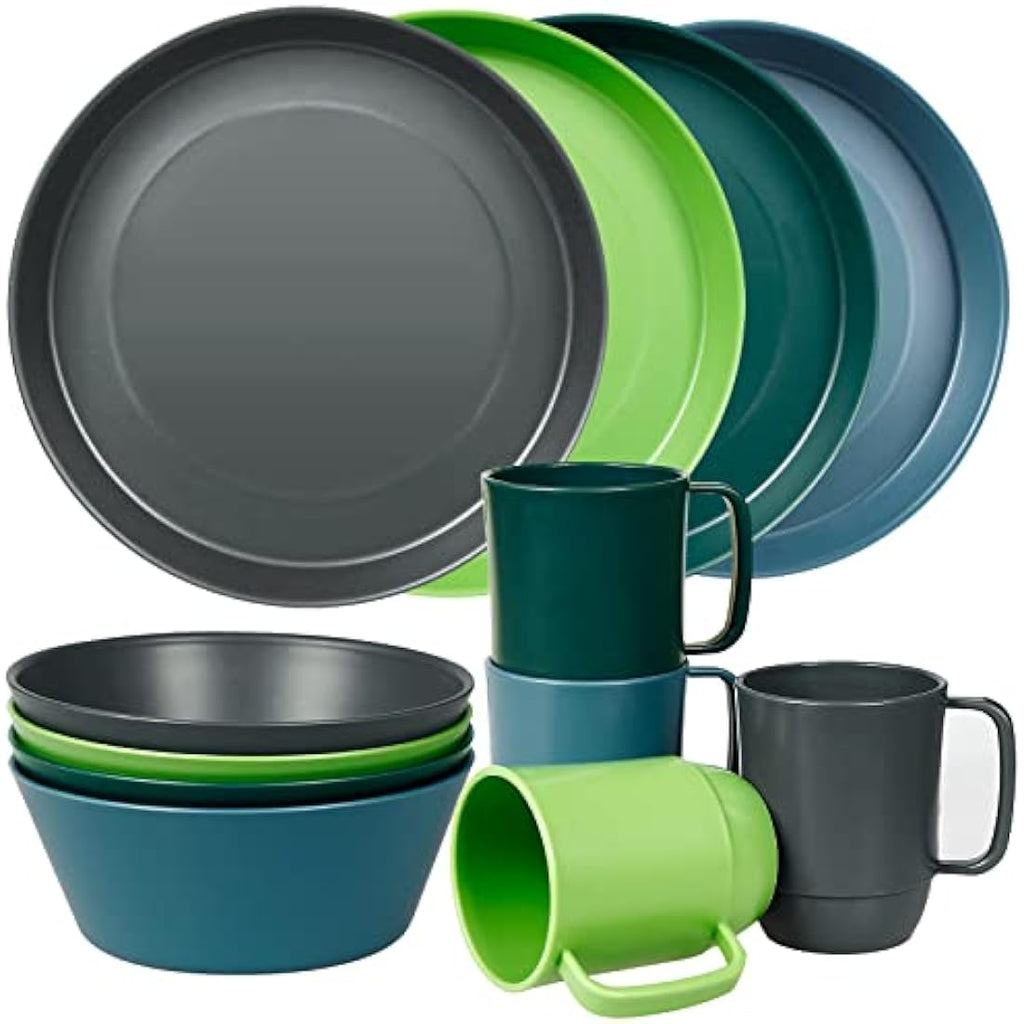 Greentainer 12-Piece Unbreakable Plastic Dinnerware Set for Camping