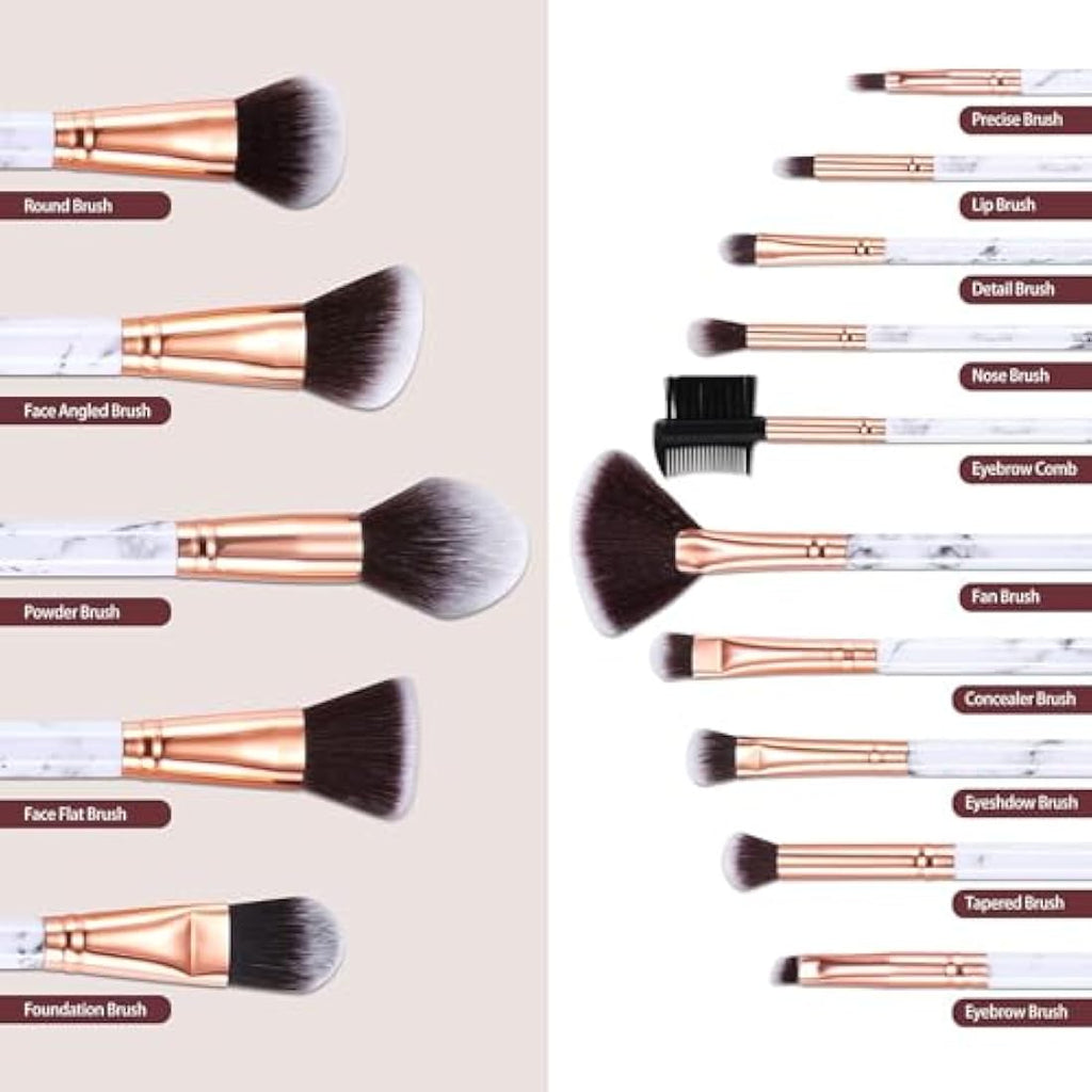 DUAIU 15-Piece Marble Makeup Brush Set with Storage Bucket | White