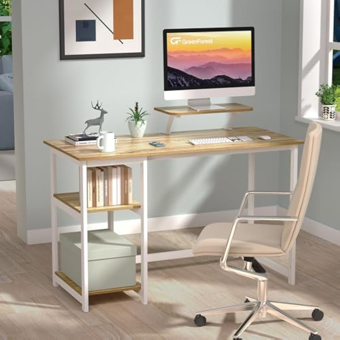 Jolof Store Computer Desk with Monitor Stand and Shelves - Oak