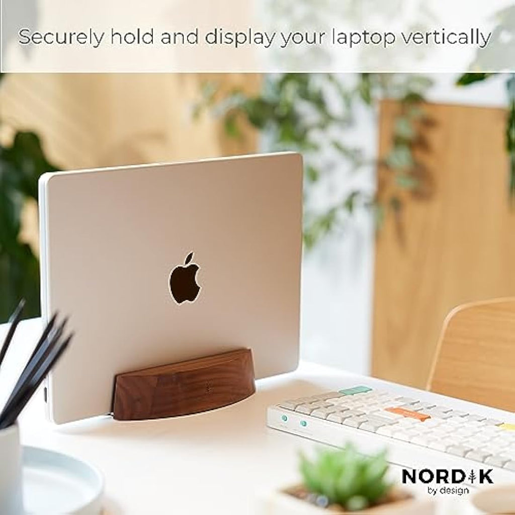 Nordik Vertical Laptop Stand – Adjustable Walnut Wood Desk Dock
