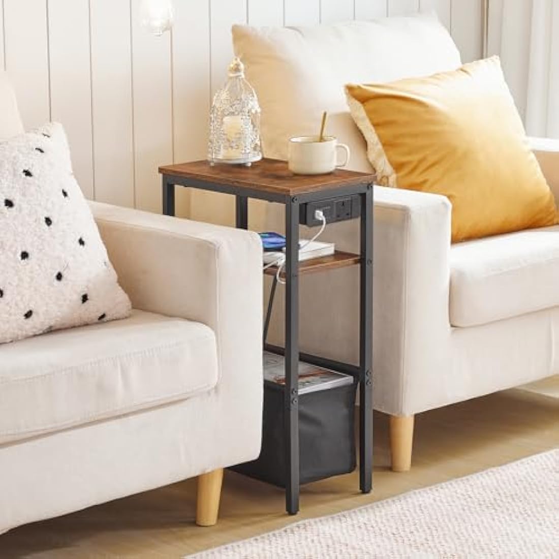 HOOBRO Narrow Side Table with Charging Station - Rustic Brown & Black