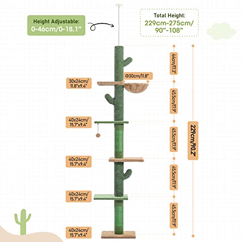 PAWZ Road Cactus Floor to Ceiling Cat Tree - 5-Tier Adjustable Tower