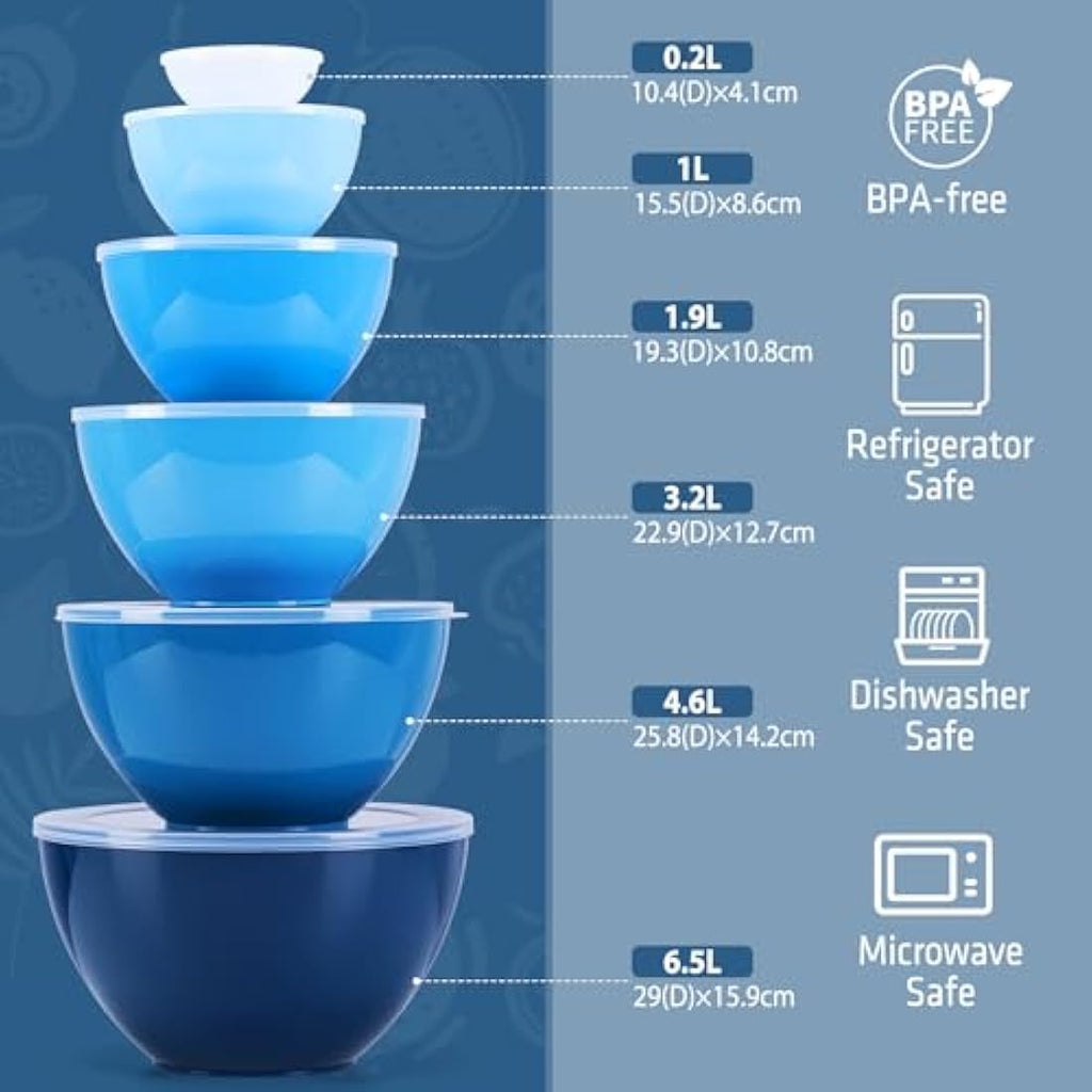Luxear 6-Piece Plastic Mixing Bowls with Lids – Nesting Food Storage Set
