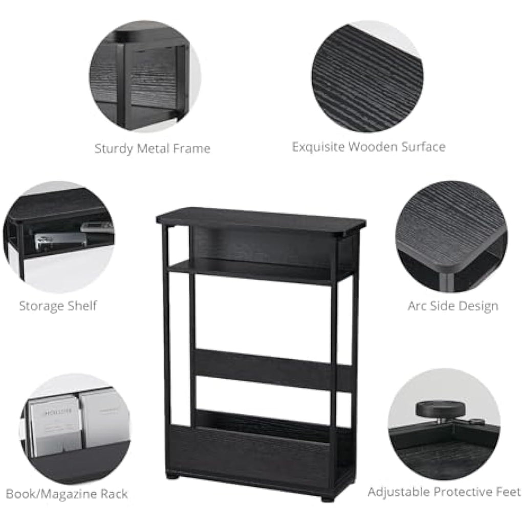 Narrow Side Table – Slim Nightstand with Magazine Rack, Black