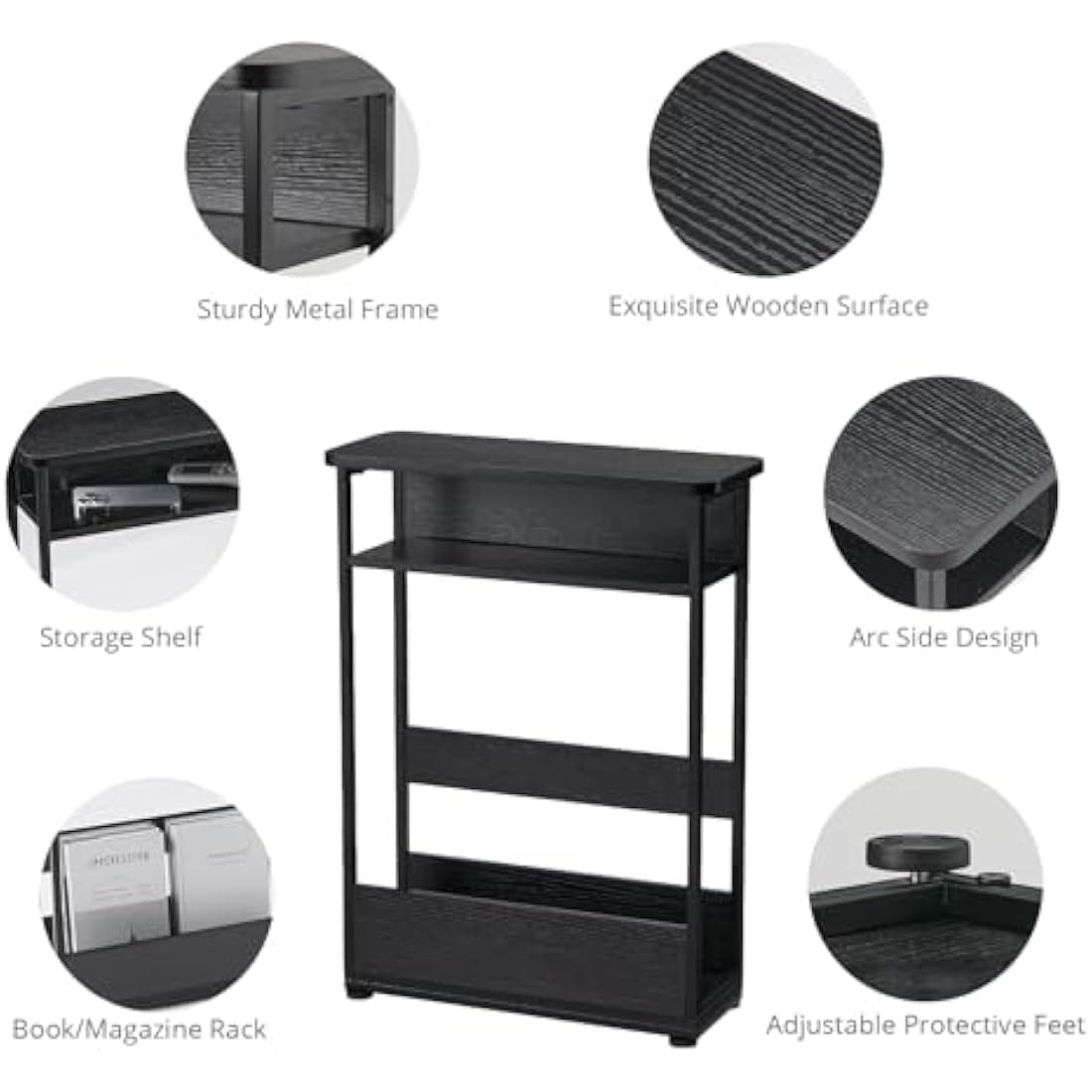 Narrow Side Table – Slim Nightstand with Magazine Rack, Black