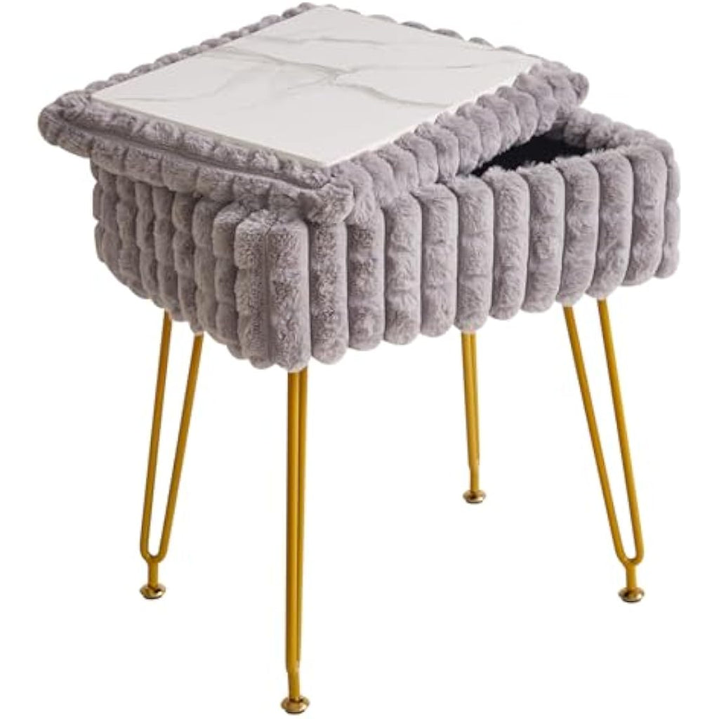 IBUYKE Grey Vanity Stool with Storage – Modern Ottoman Footrest Chair