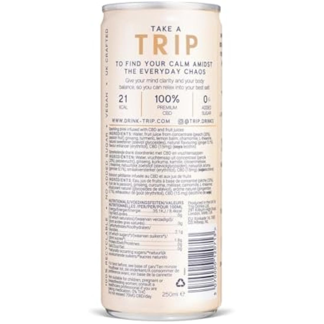 TRIP CBD Drink - Peach Ginger Sparkling Water - Vegan (24 x 250ml)