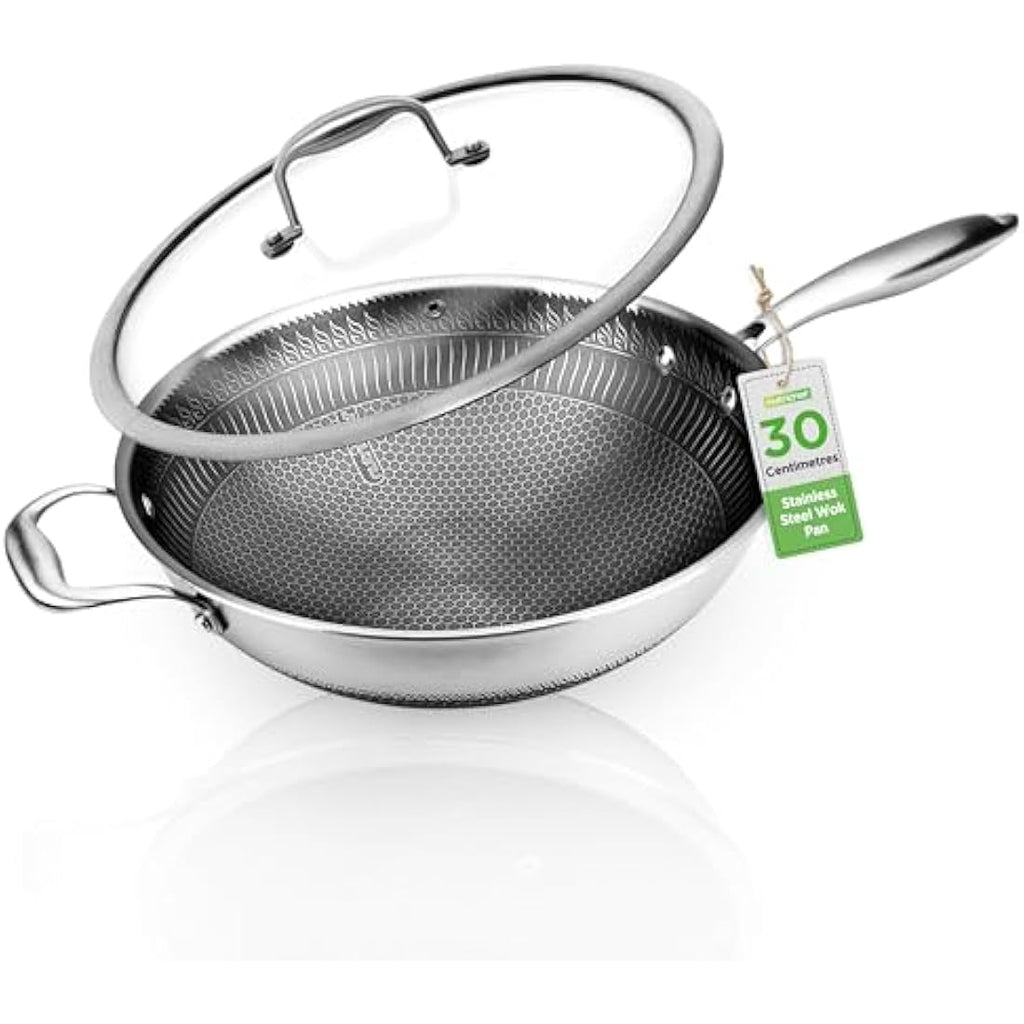 Nutrichef 12" Nonstick Wok – 30cm Stainless Steel Stir Fry Pan with Lid