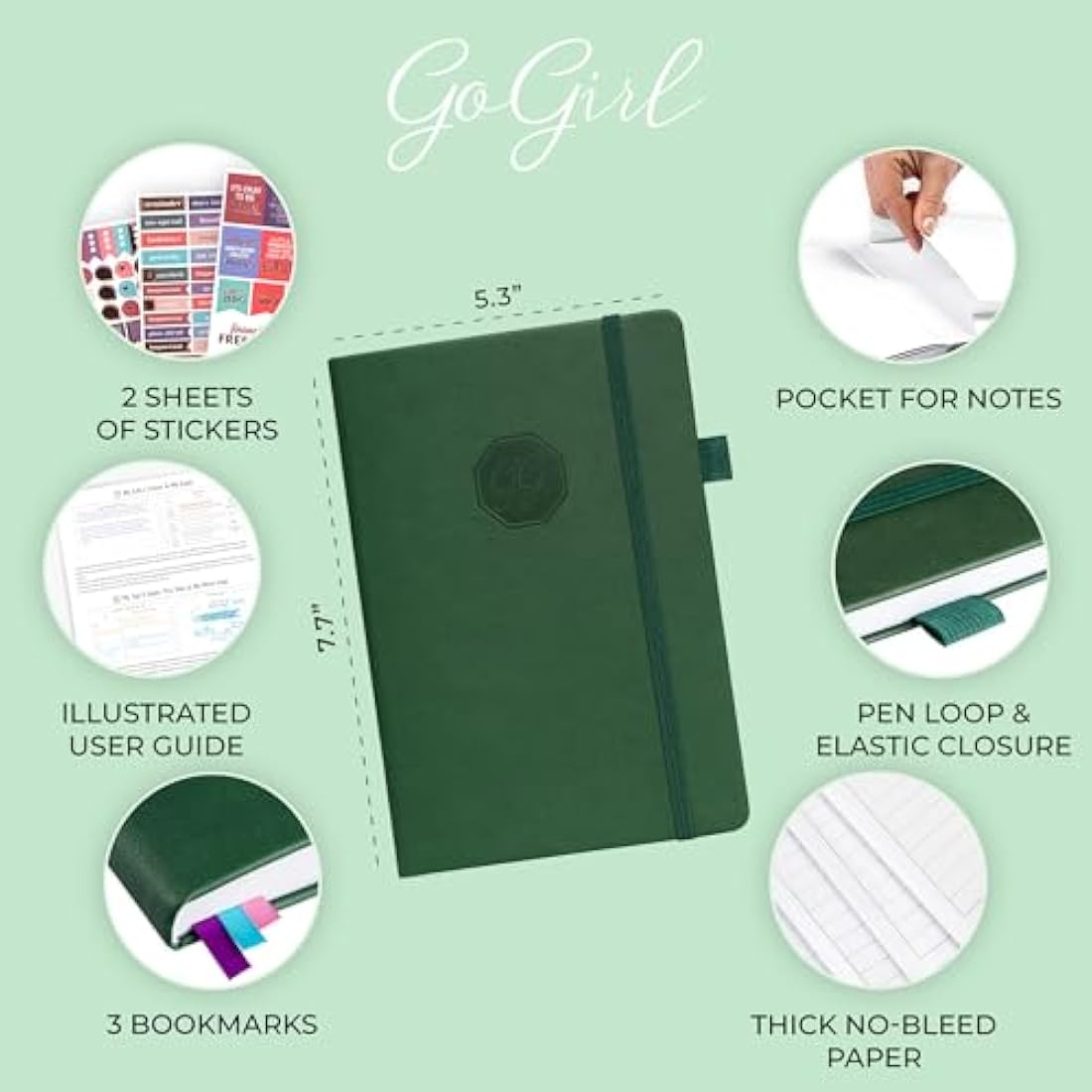 GoGirl Undated Hourly Planner – A5 Forest Green Eco-Leather Agenda